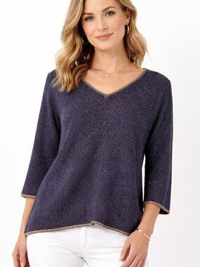 Gerard Darel Paris Metallic Knit Top Blue Gold V Neck Italy Sz 1 M Shimmer